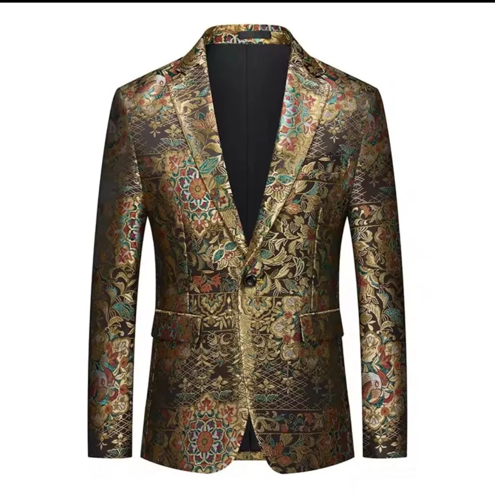 Giacche spezzato uomo marrone con fantasia floreale oro verde e rosso, fronte
