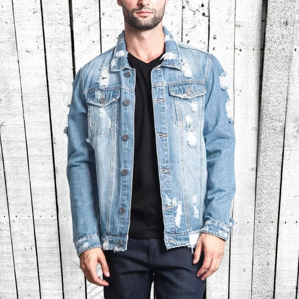 Giubbotto jeans uomo Azzurro Chiaro effetto strappato, vista frontale VBRM3