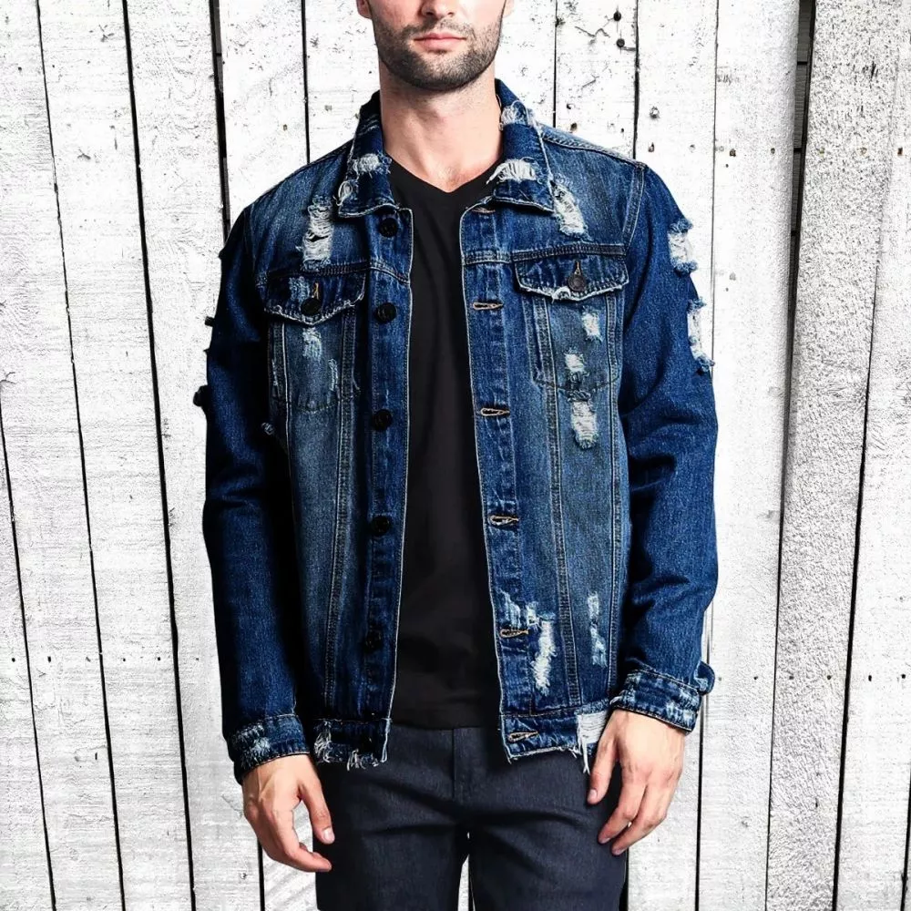 Giubbotto jeans uomo Blu Scuro effetto strappato, vista frontale VBRM3