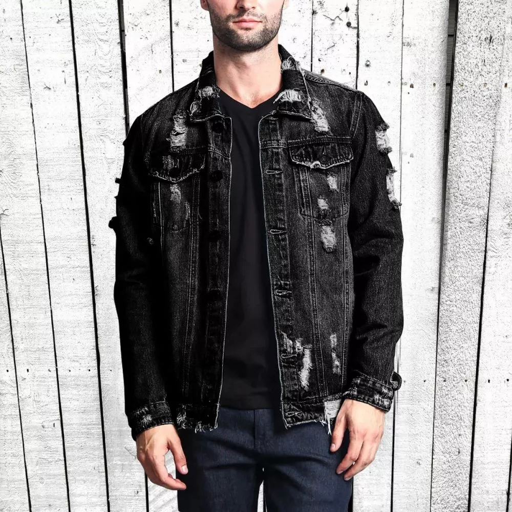 Giubbotto jeans uomo Nero effetto strappato, vista frontale VBRM3