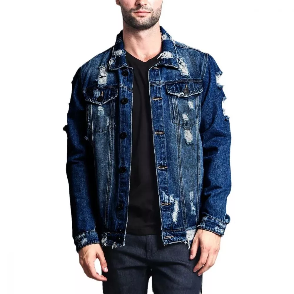 Giubbotto jeans uomo Blu Scuro effetto strappato, vista frontale VBRM3