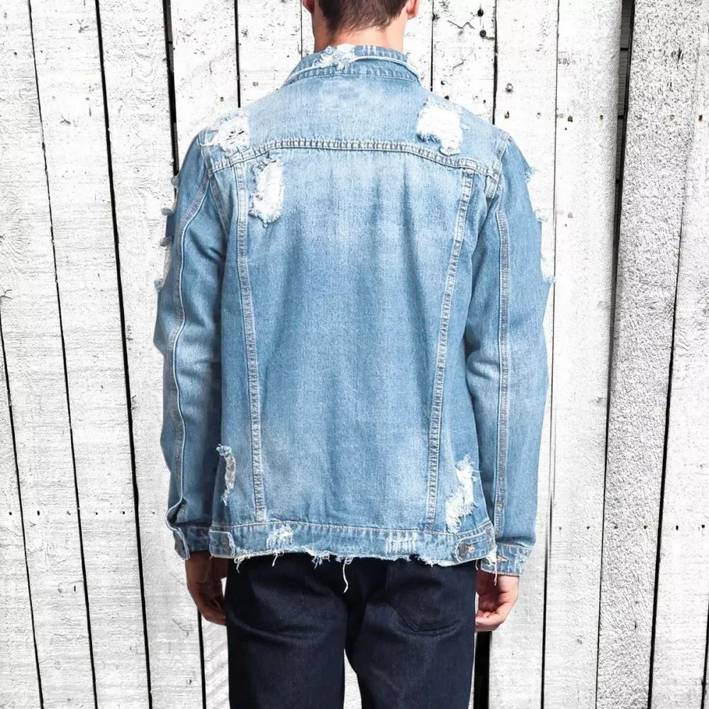 Giubbotto jeans uomo Azzurro Chiaro effetto strappato, retro VBRM3