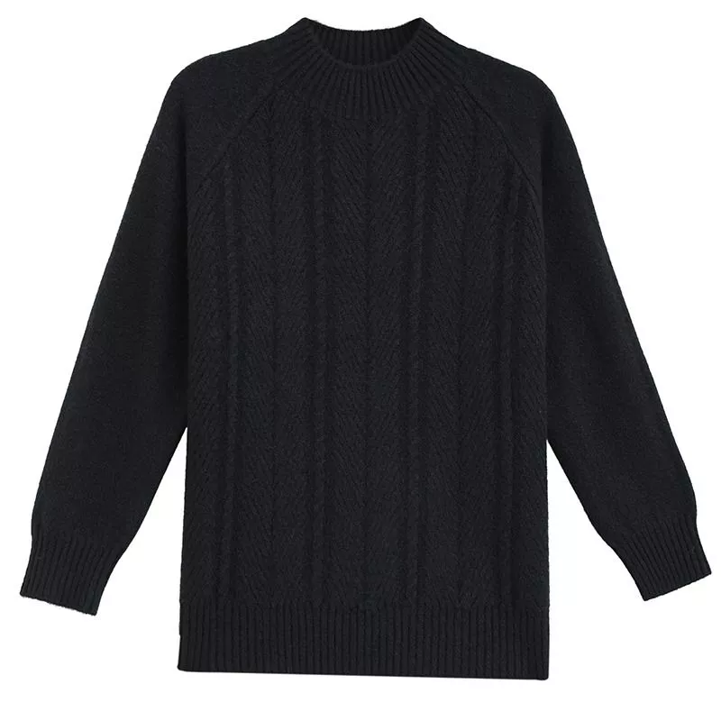 Maglione nero a collo alto a giro steso visto frontalmente