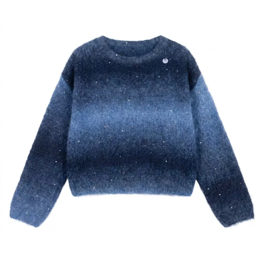 Maglione donna blu sfumato disposto su sfondo bianco, fronte