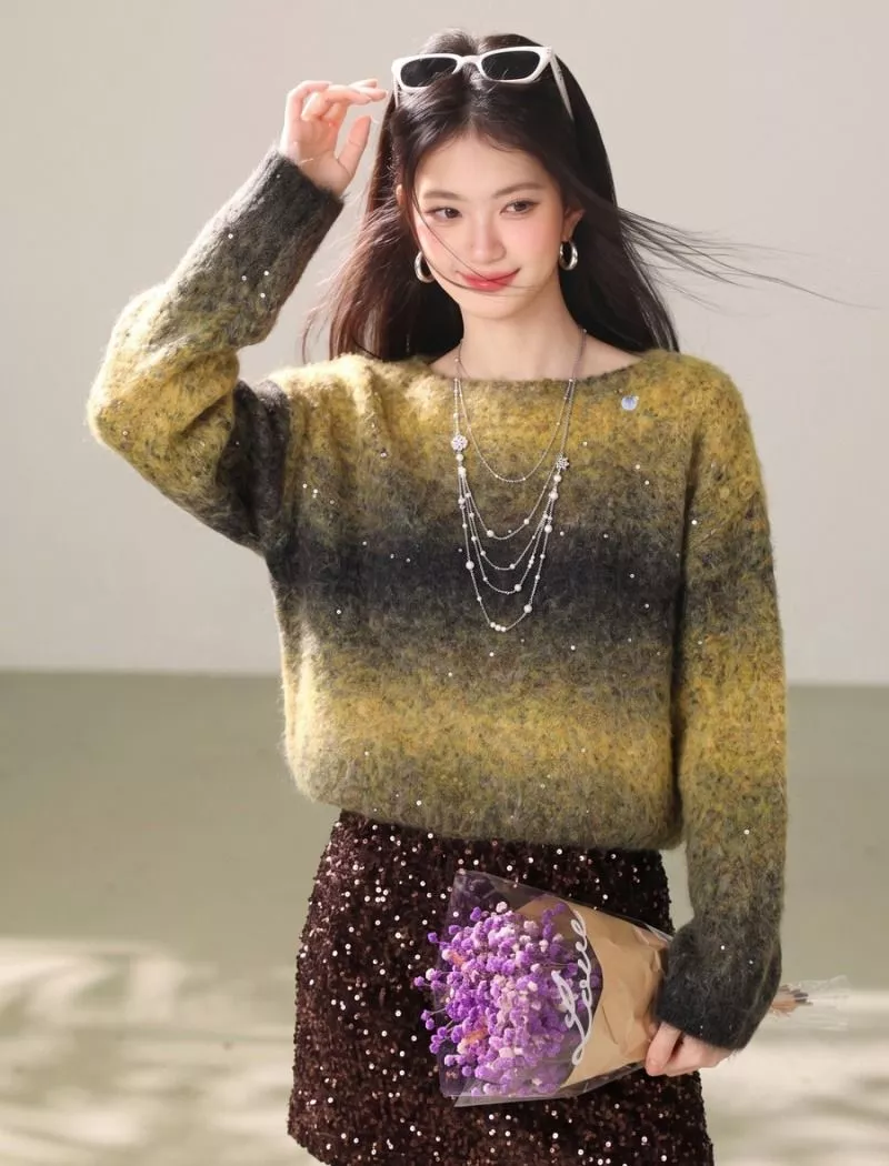 Maglione donna giallo sfumato con maniche lunghe, vista frontale