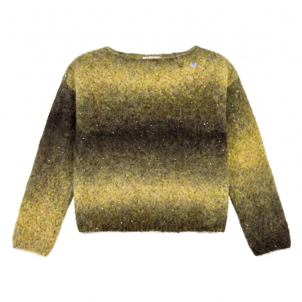 Maglione donna giallo sfumato disposto su sfondo bianco, fronte