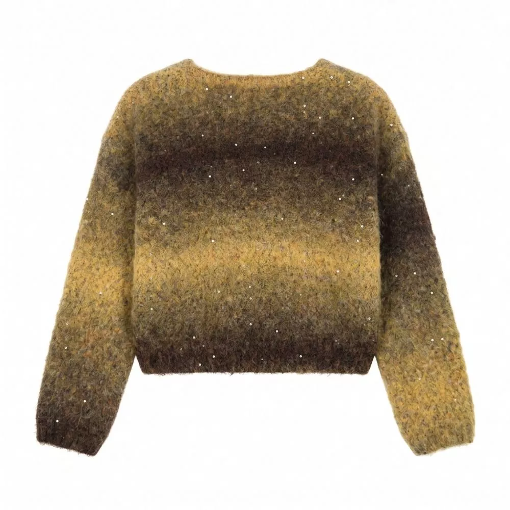 Maglione donna giallo sfumato disposto su sfondo bianco, retro