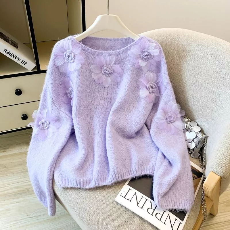 Maglione Donna Morbido Bianco Giallo Rosa Viola In Maglia Con Fiori 59cm I2P7S