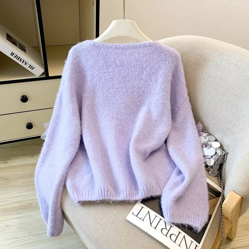 Maglione Donna Morbido Bianco Giallo Rosa Viola In Maglia Con Fiori 59cm I2P7S