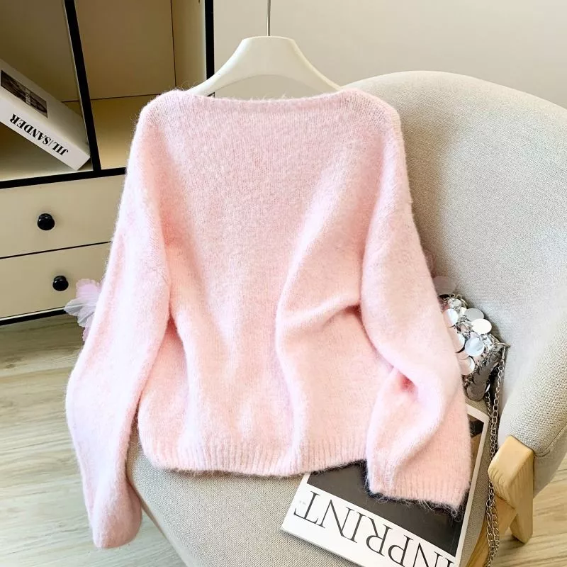 Maglione Donna Morbido Bianco Giallo Rosa Viola In Maglia Con Fiori 59cm I2P7S