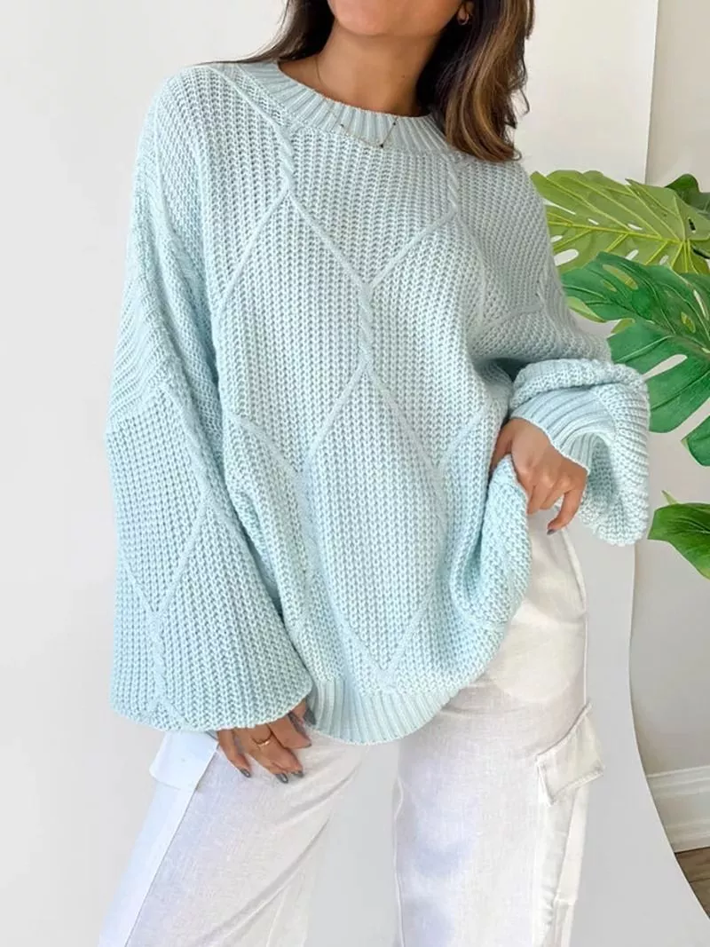 Maglione donna azzurro chiaro oversize a maglia con maniche a sbuffo