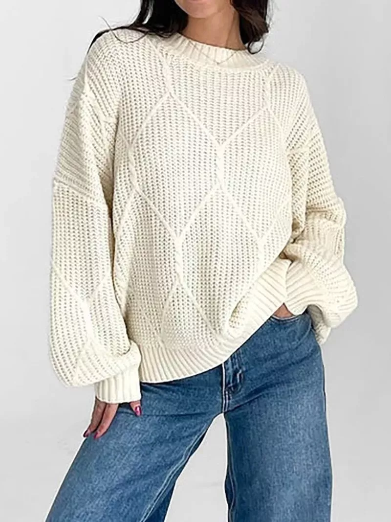 Maglione donna beige chiaro oversize a maglia con maniche ampie