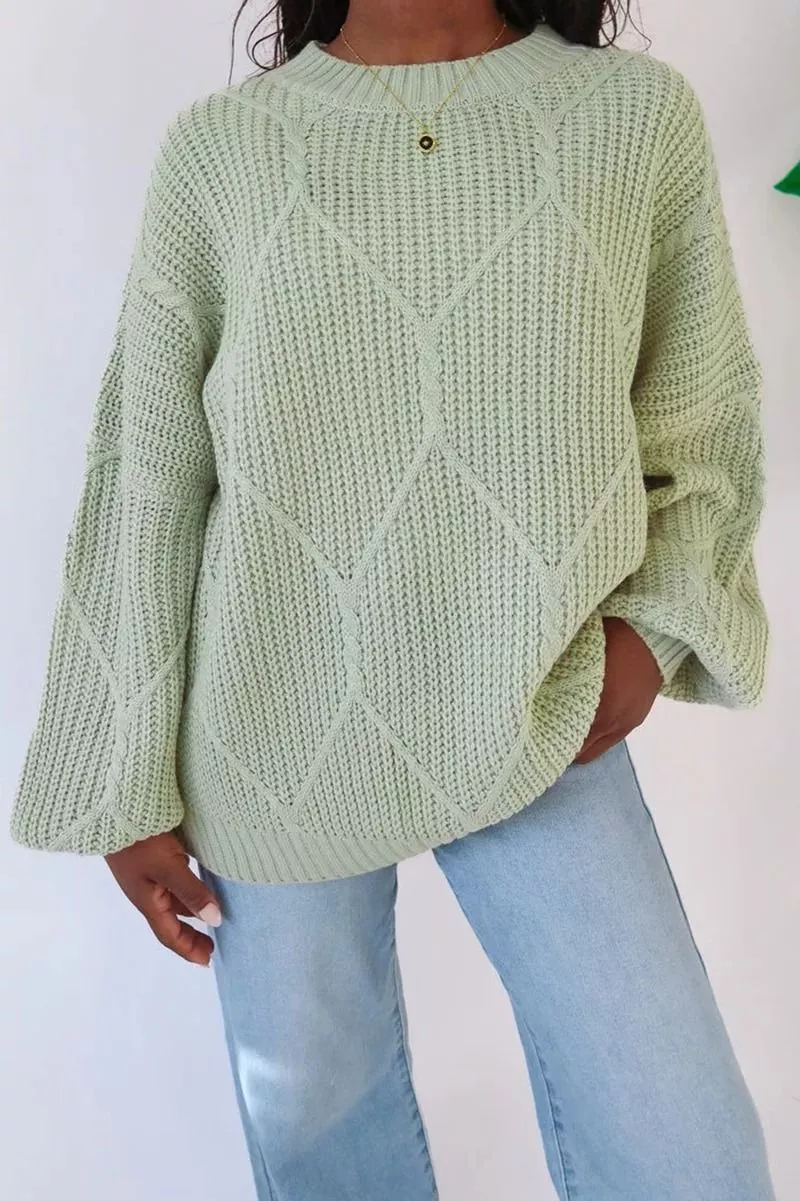 Maglione donna verde salvia lavorato a maglia con motivo a rombi e maniche ampie