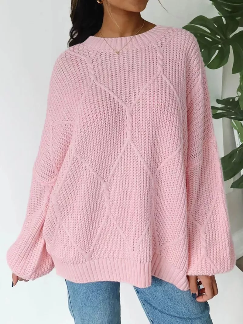 Maglione donna rosa chiaro oversize a maglia con maniche a sbuffo