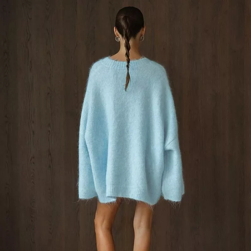 Maglione oversize donna azzurro chiaro con scollo a V, maniche larghe, vista posteriore