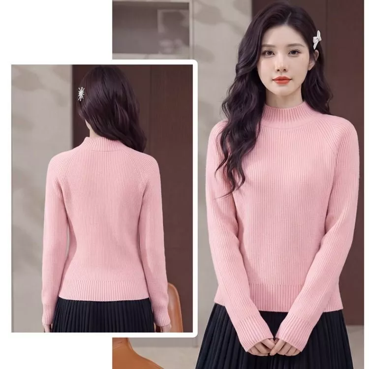 Maglione Donna Rosa in Maglia con Collo Alto Mezzo e Manica Lunga L795C