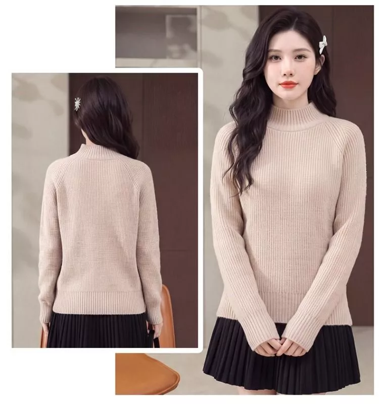 Maglione Donna Rosa in Maglia con Collo Alto Mezzo e Manica Lunga L795C