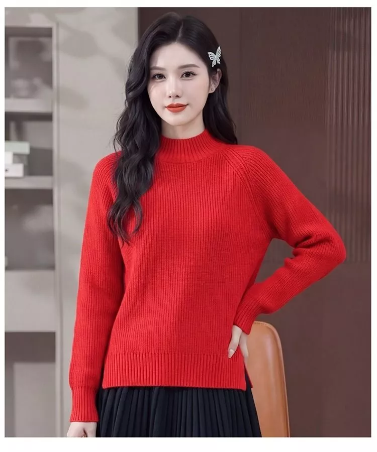 Maglione Donna Rosa in Maglia con Collo Alto Mezzo e Manica Lunga L795C