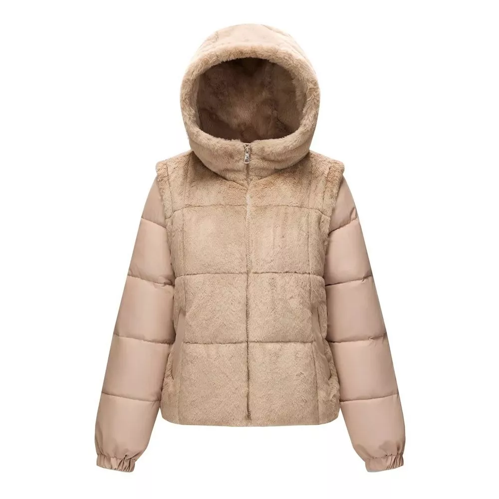 Piumino donna beige con cappuccio e inserti in pelliccia sintetica, vista frontale
