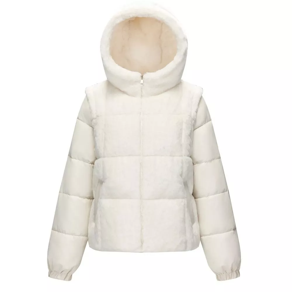 Piumino donna bianco con cappuccio e inserti in pelliccia sintetica, vista frontale