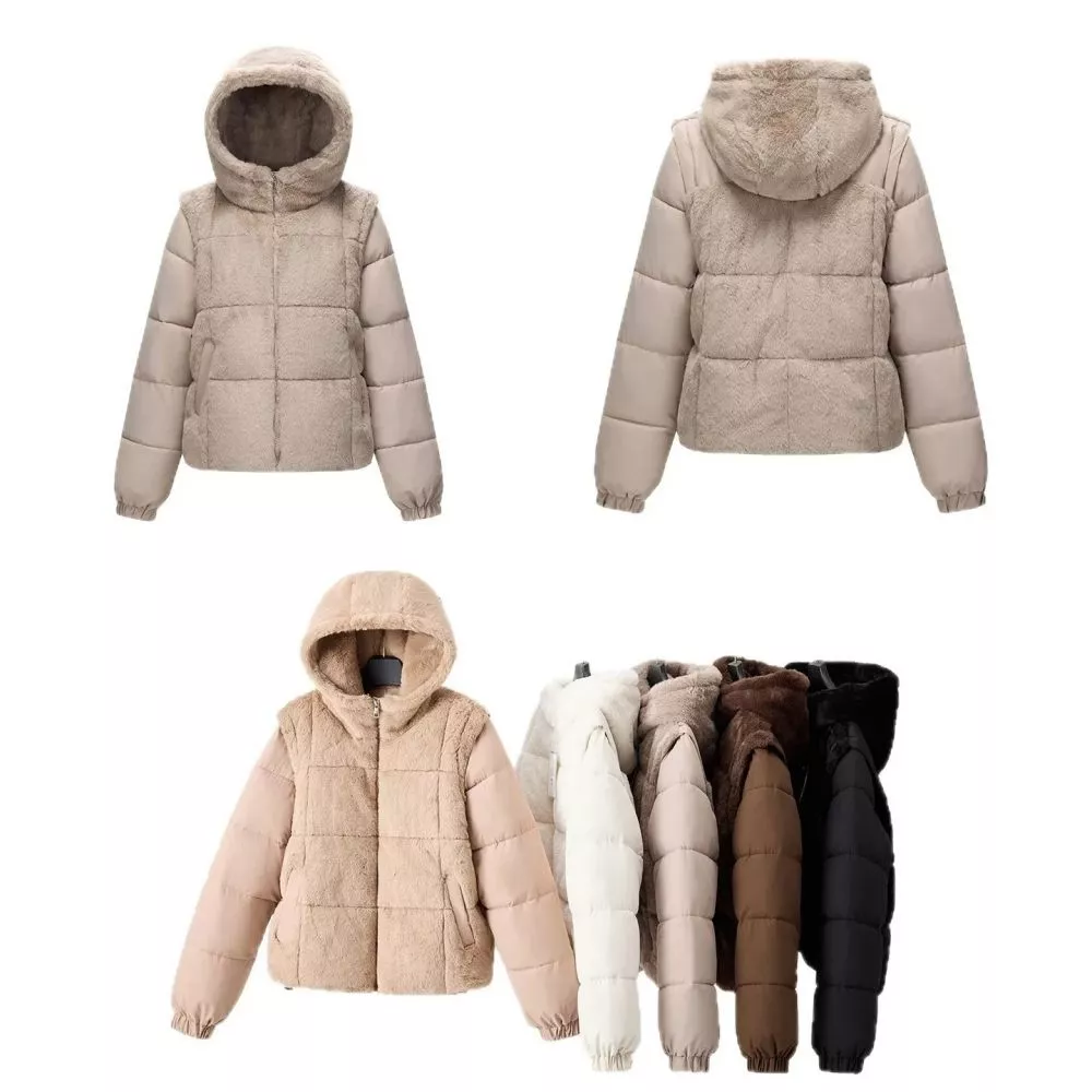 Piumino donna beige con cappuccio e inserti in pelliccia sintetica, vista anteriore e posteriore pi&ugrave; varianti di colori