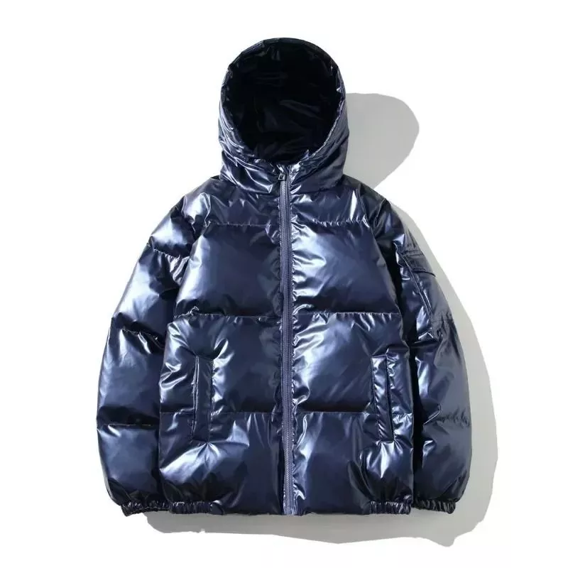 Piumino uomo blu scuro lucido con cappuccio
