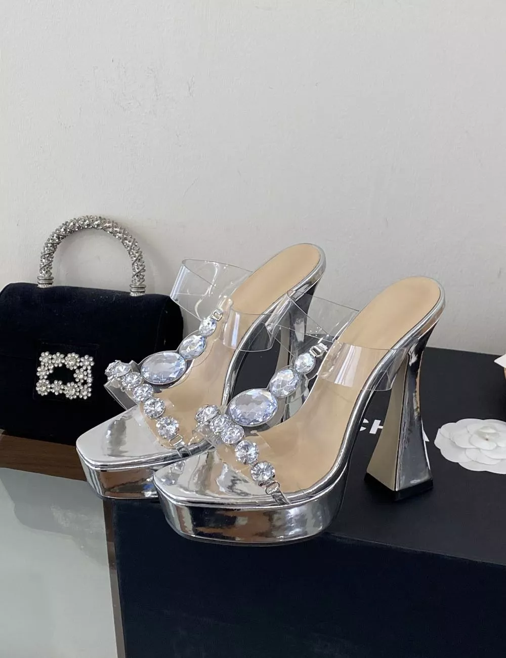Sabot Donna Argento Tacco 13 Cm Plateau con Strass Elegante QC380