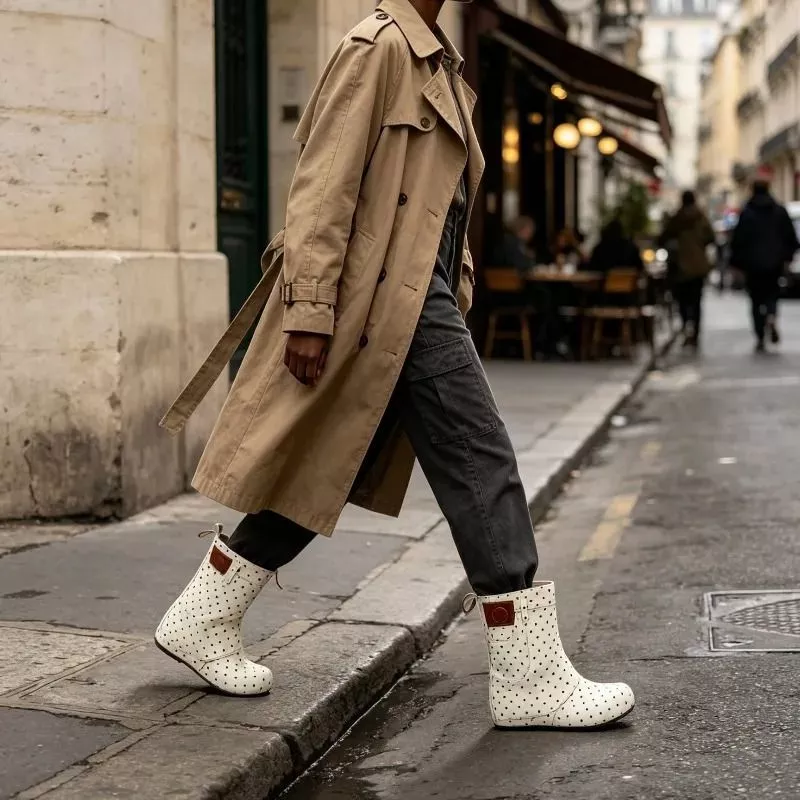 Donna che cammina con scarponcini bianchi a pois e trench beige in strada