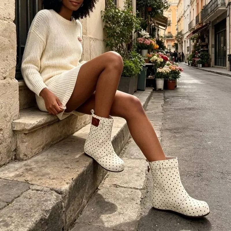 Donna seduta su gradino con maglione bianco e scarponcini bianchi a pois