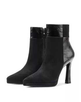 Stivaletti donna neri con punta sottile e tacco alto 10 cm, vista frontale e laterale