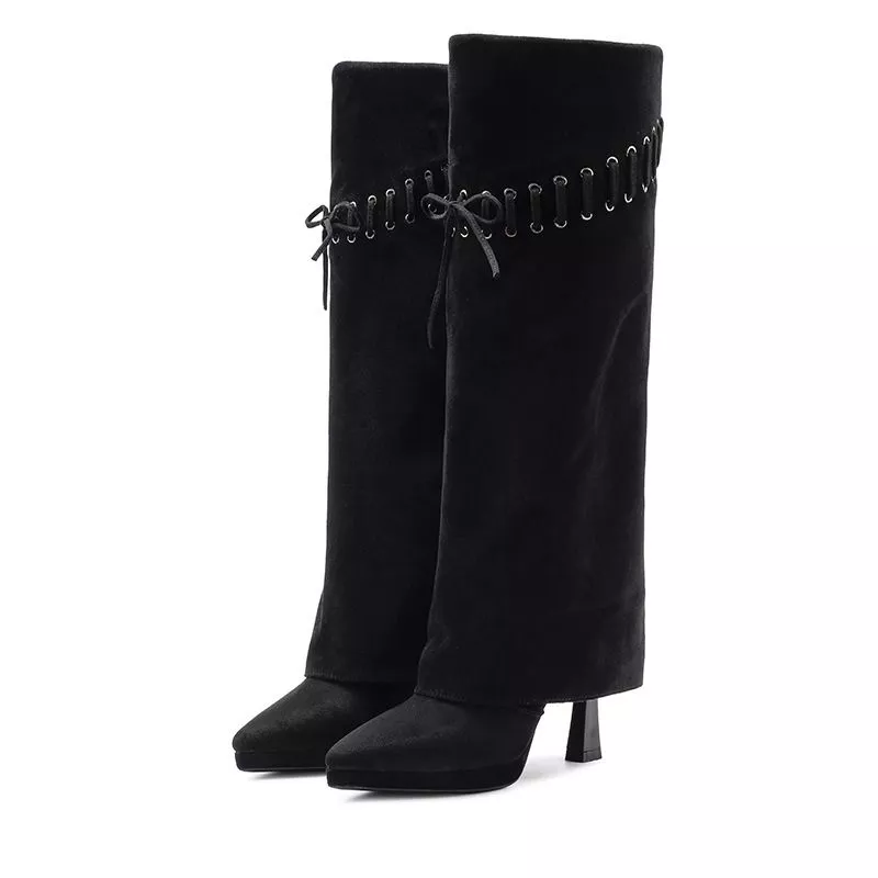 Stivali Donna Neri Punta Affusolata Plateau Tacco 10 Cm Versione Velluto 75624