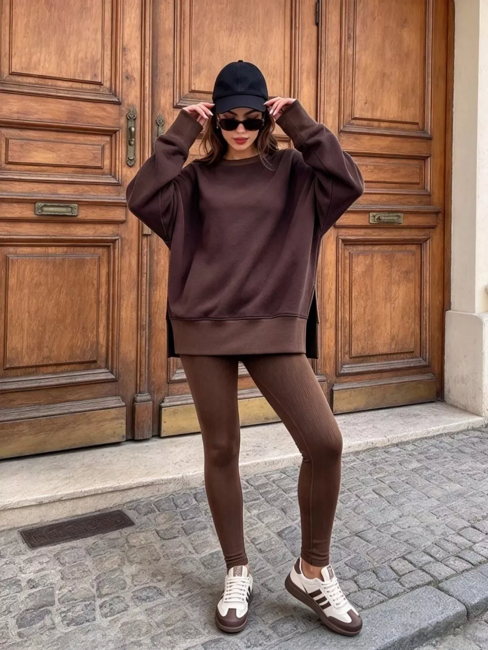 Donna in tuta marrone scuro, maglia oversize e leggings a coste, cappellino e scarpe bianche marroni