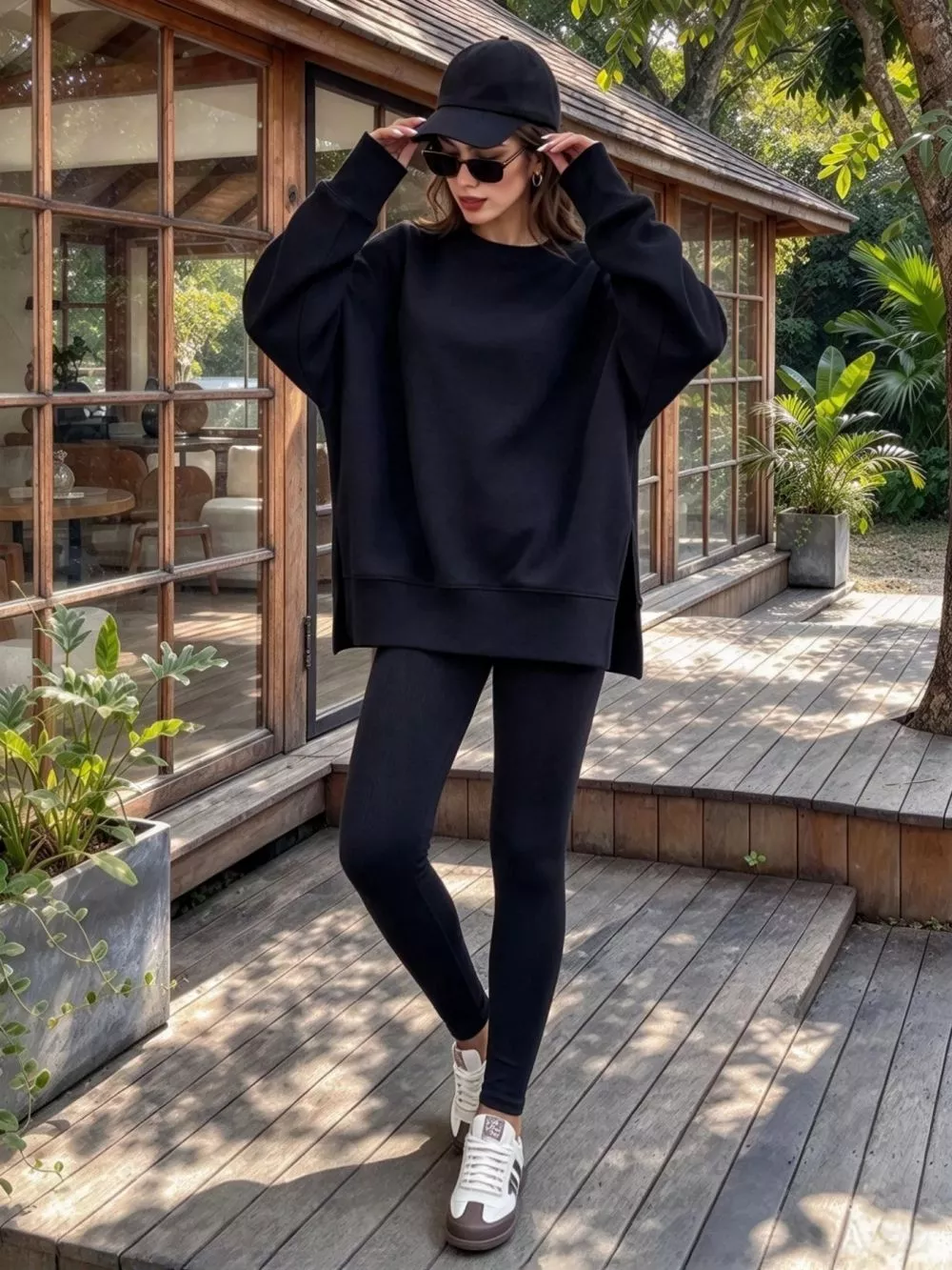 Modella con tuta blu elettrico, maglia ampia e leggings a coste, occhiali da sole