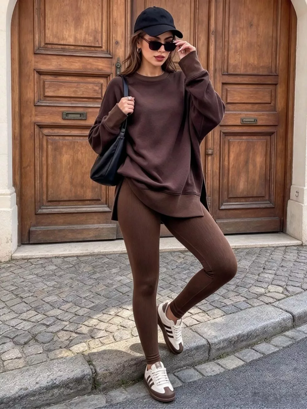 Donna di schiena in tuta marrone con maglia e leggings a coste