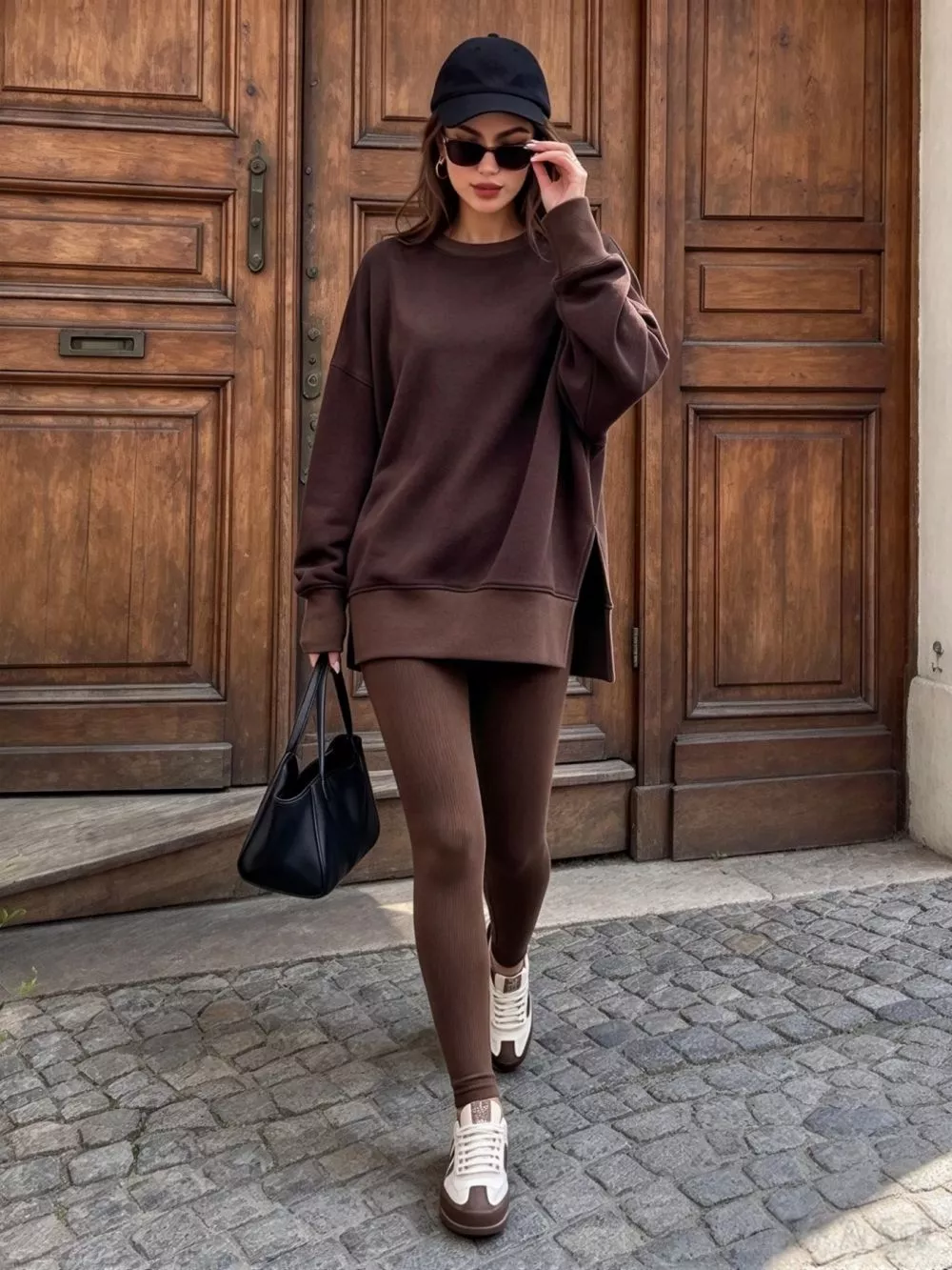 Modella vista di schiena tuta beige, maglia oversize e leggings a coste